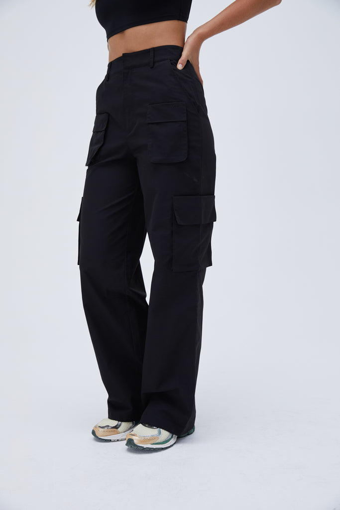Black Front Pocket Strap Cargo Trousers, Womens Trousers