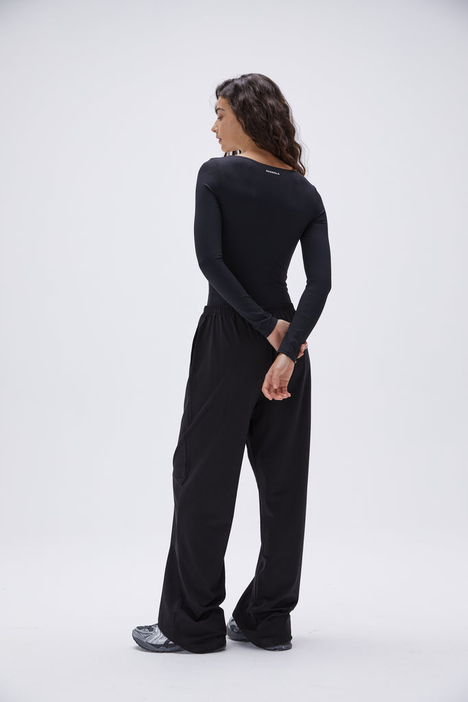 Adaly Bodysuit - Long Sleeve Scoop Neck Lace Bodysuit in Black