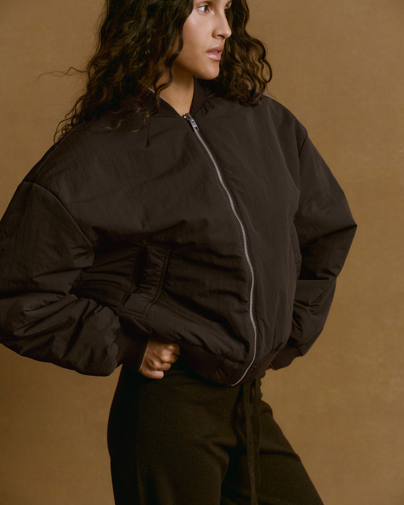 Drop Shoulder Reversible Bomber Jacket - Coffee Bean/Marshmallow White