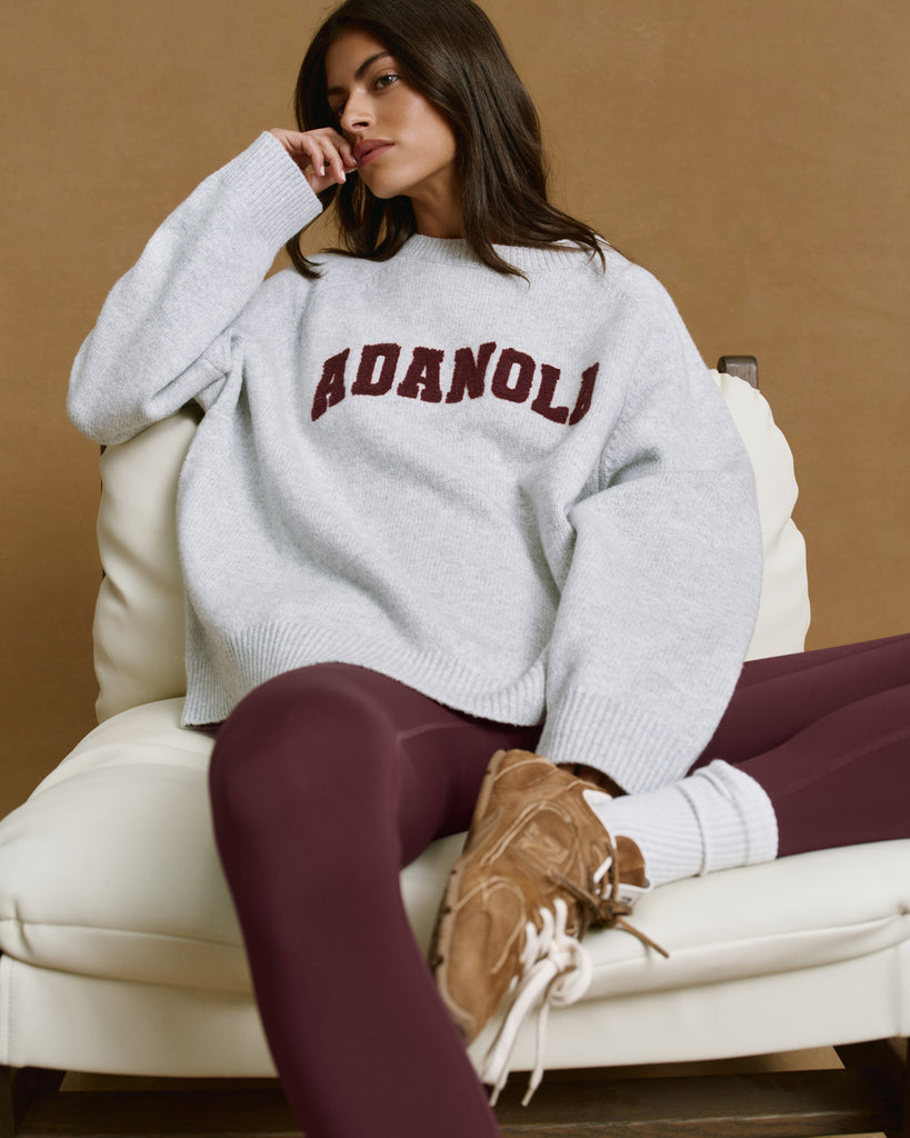Adanola Varsity Boucle Oversized Knit Sweatshirt - Light Grey Melange/Burgundy