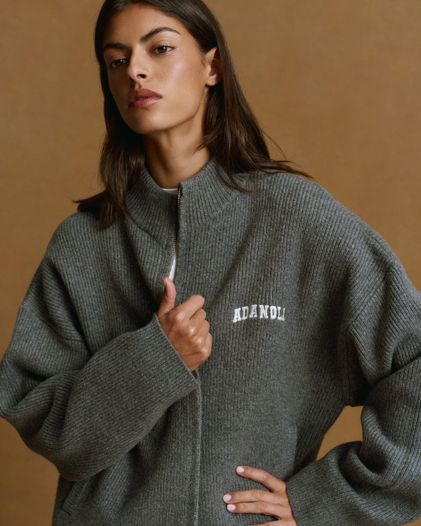 Ribbed Zip Through Knit Sweatshirt - Dark Grey Melange/Marshmallow White