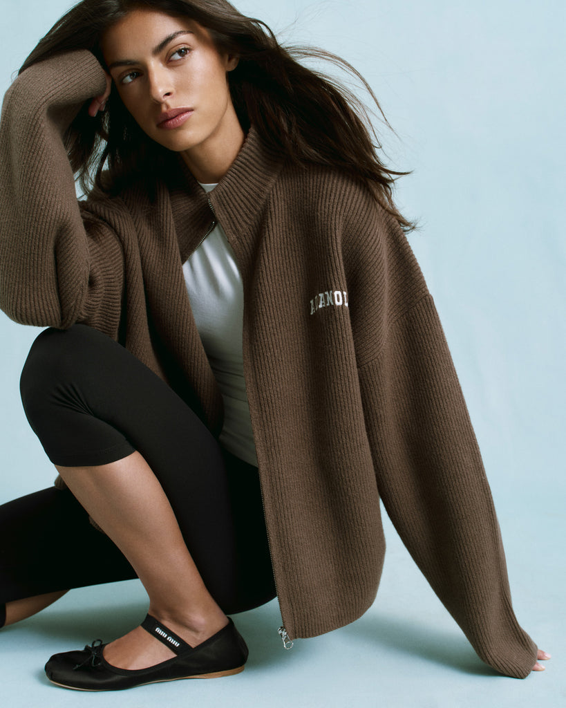 Ribbed Zip Through Knit Sweatshirt - Dark Cocoa Brown
