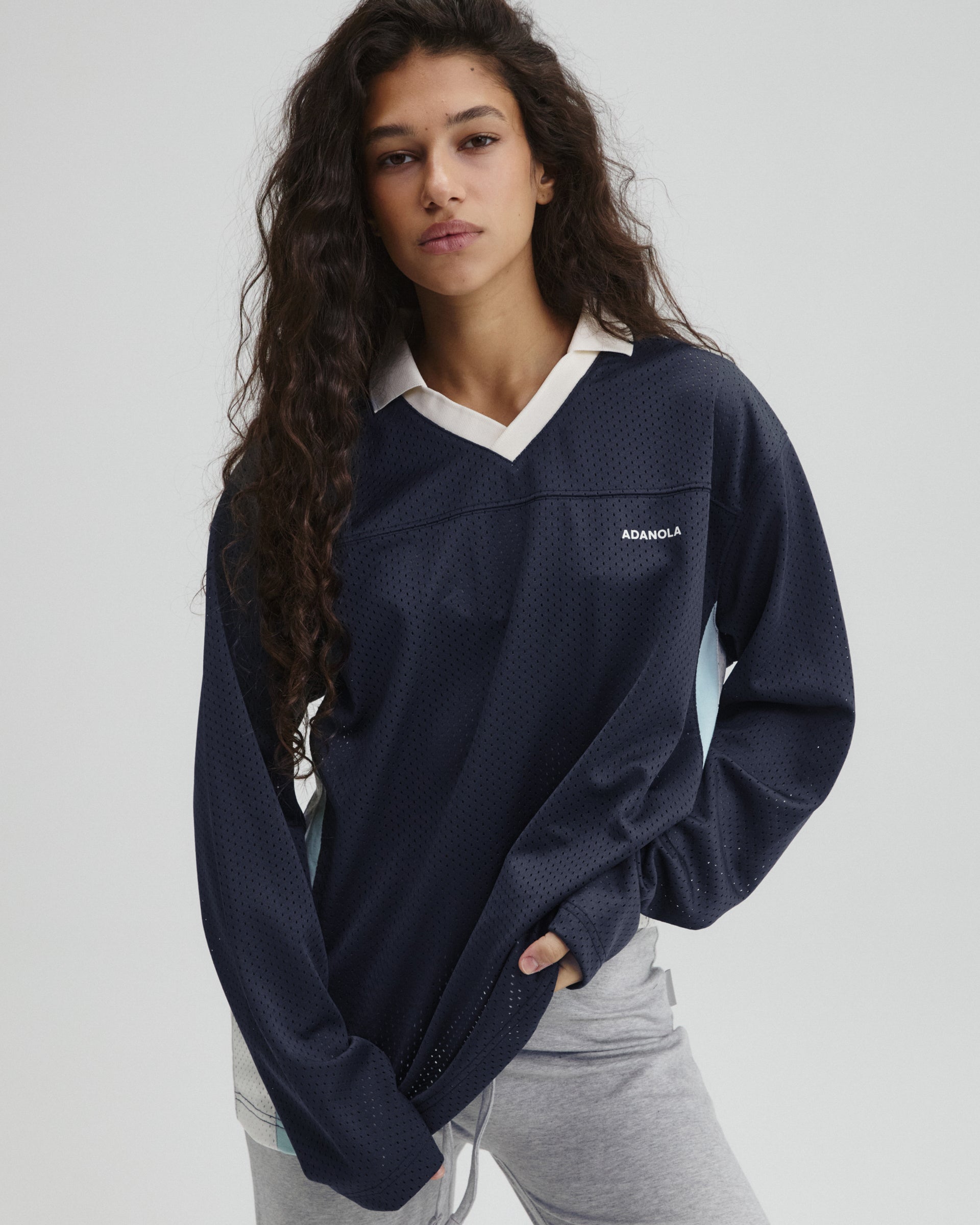 Collared Mesh Long Sleeve Jersey Top - Midnight Blue – Adanola