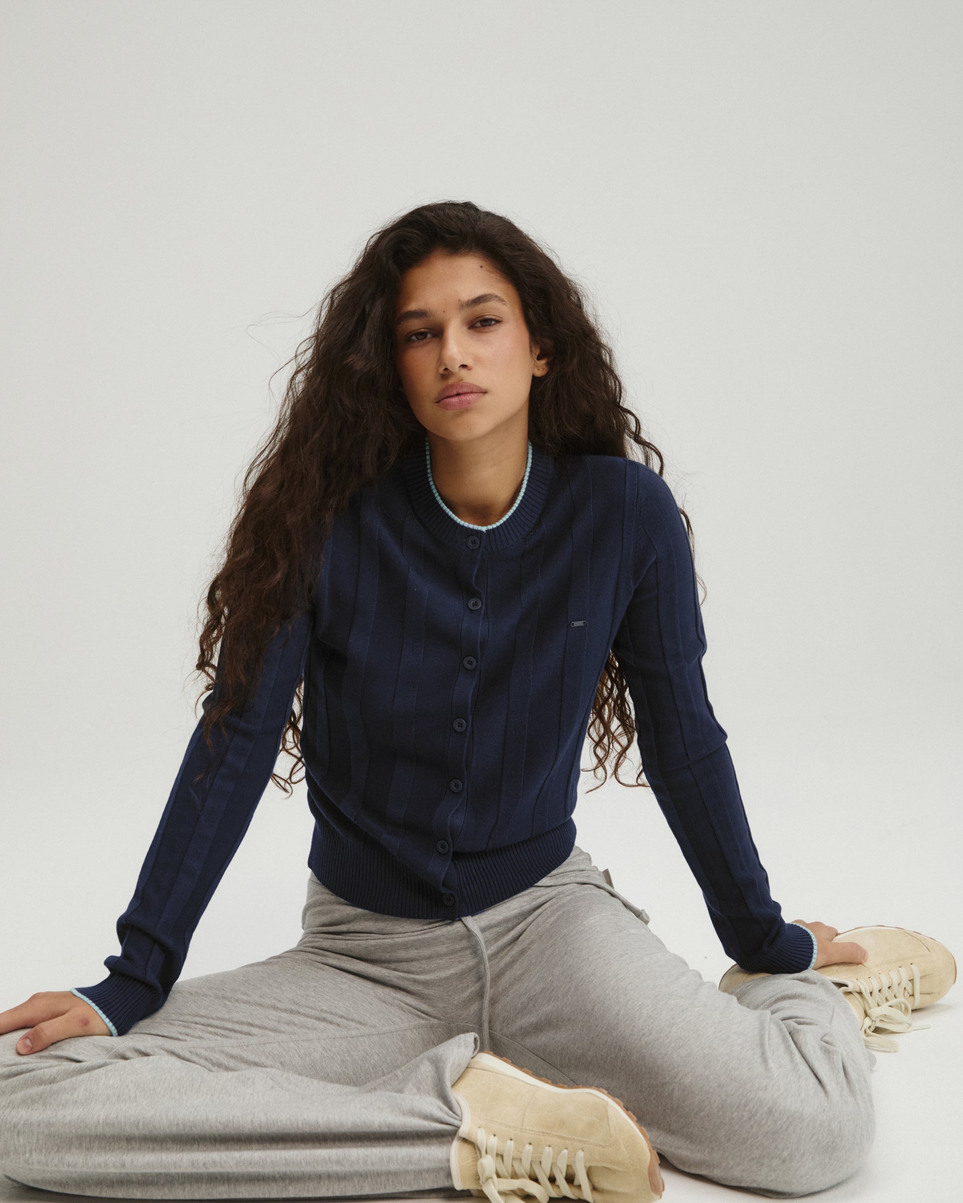 Rib Knit Contrast Tipping Cardigan - Navy Blue/Ocean Blue – Adanola