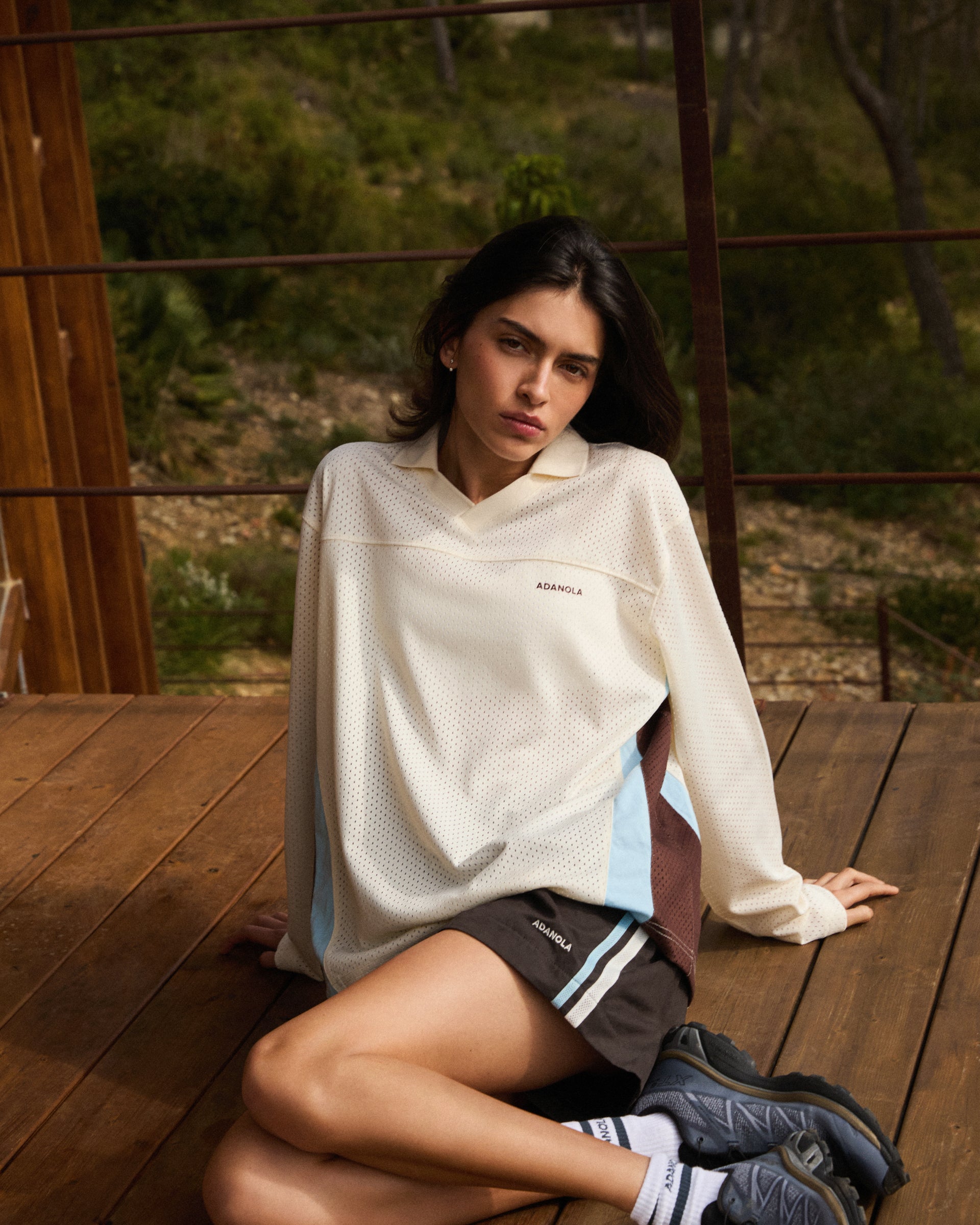 Collared Mesh Long Sleeve Jersey Top - Marshmallow White – Adanola
