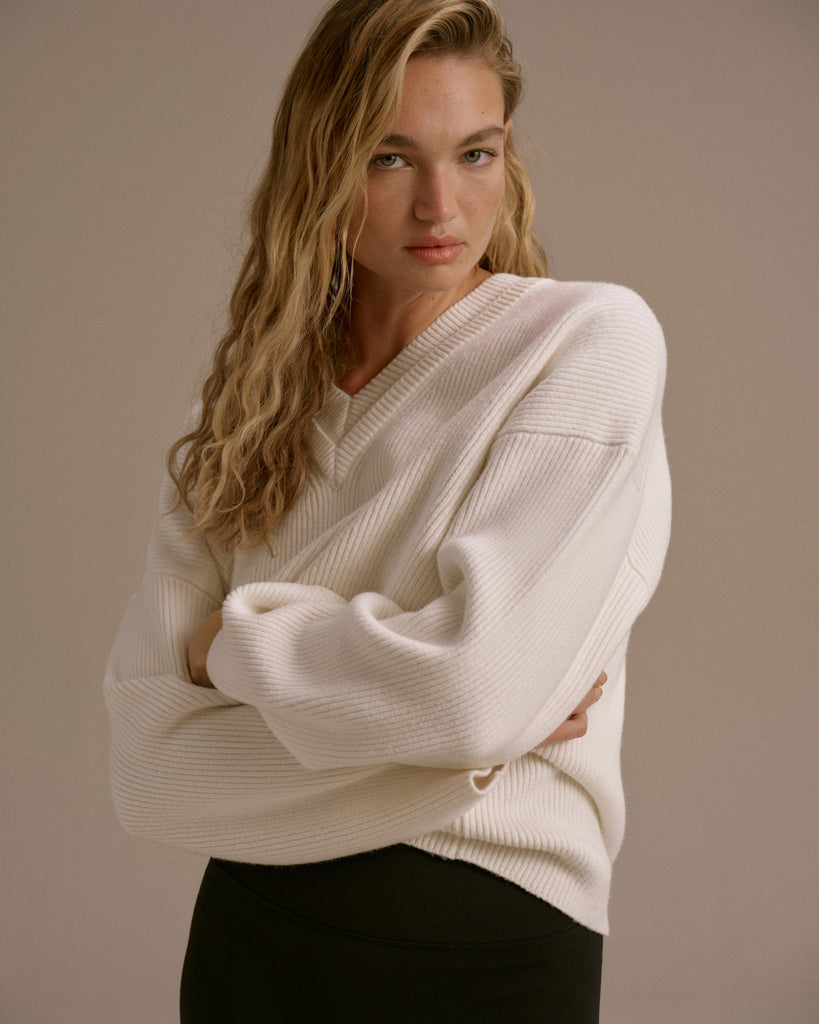 Knit Double V Neck Sweatshirt - Marshmallow White