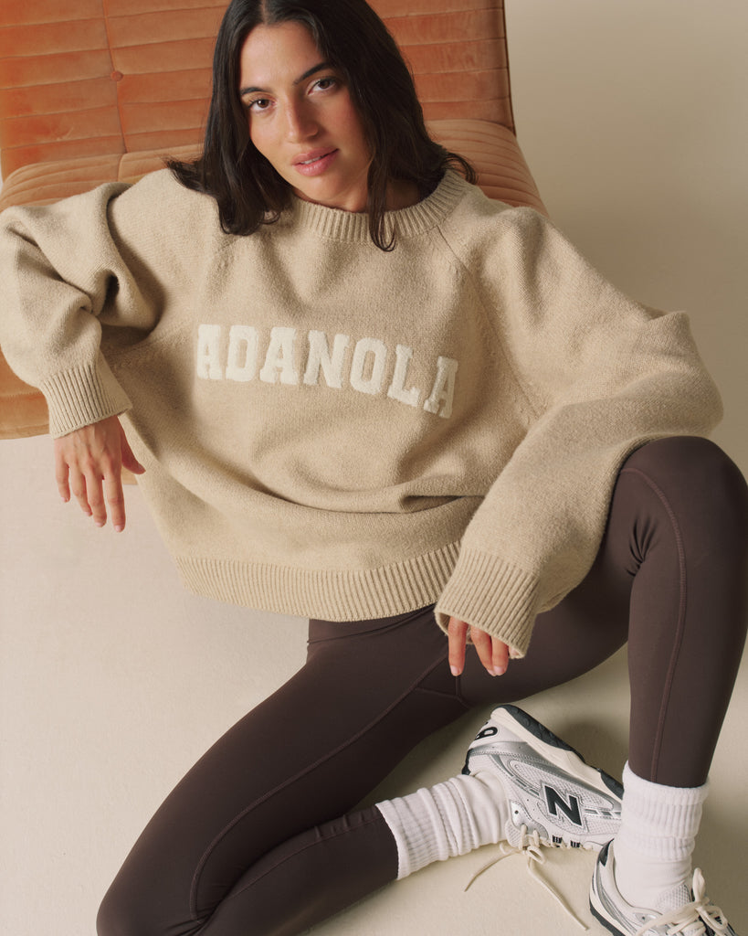 Varsity Boucle Oversized Knit Sweatshirt - Oatmeal/Marshmallow White