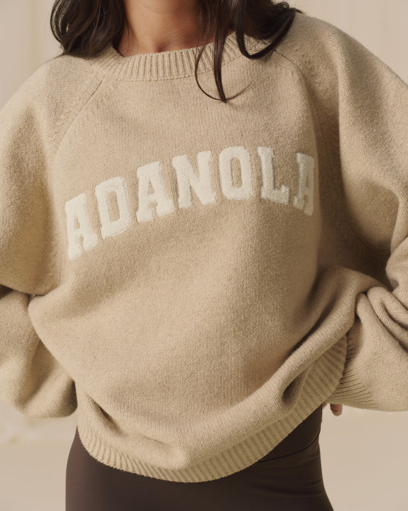 Varsity Boucle Oversized Knit Sweatshirt - Oatmeal/Marshmallow White