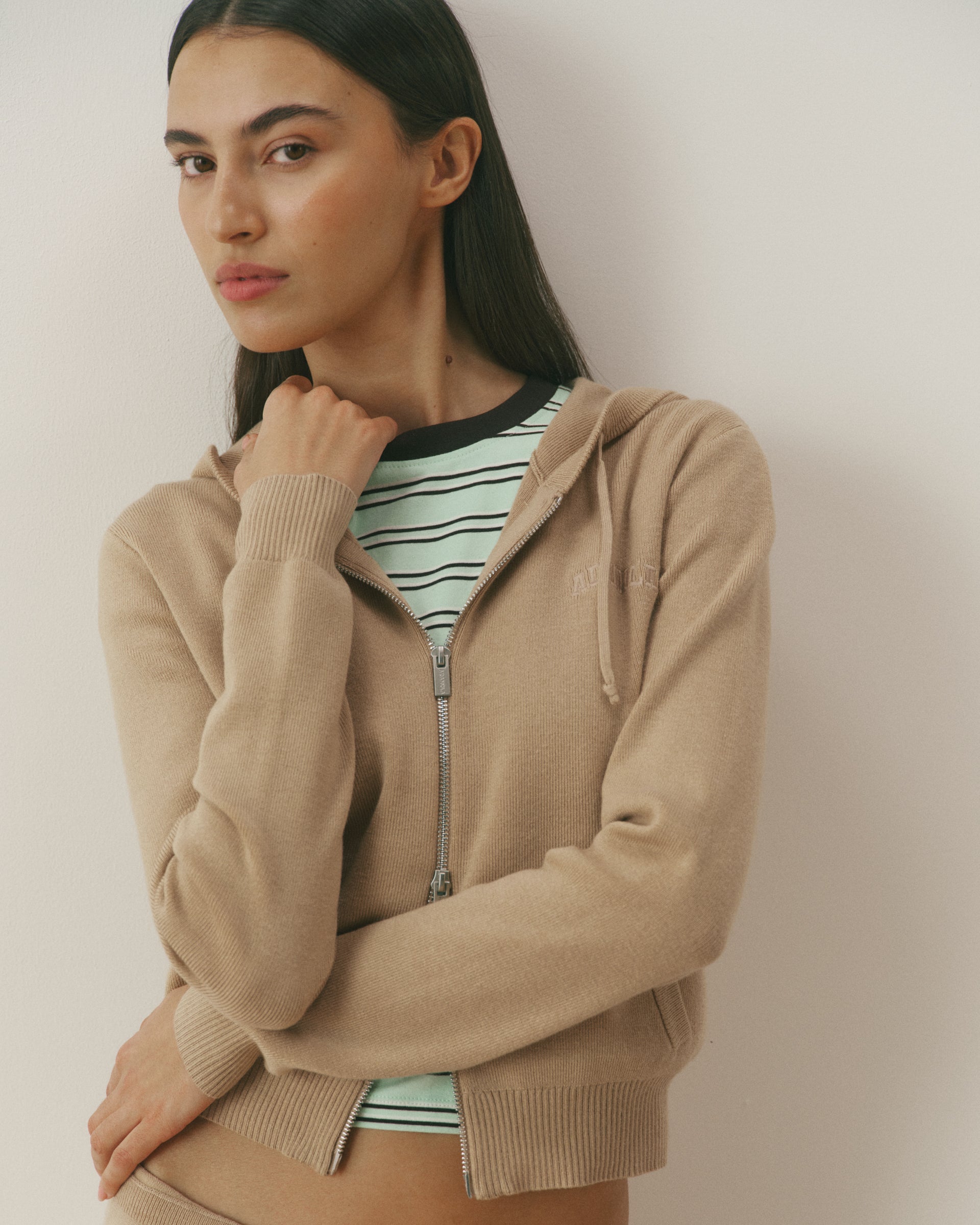 Knit Zip Through Hoodie - Almond – Adanola