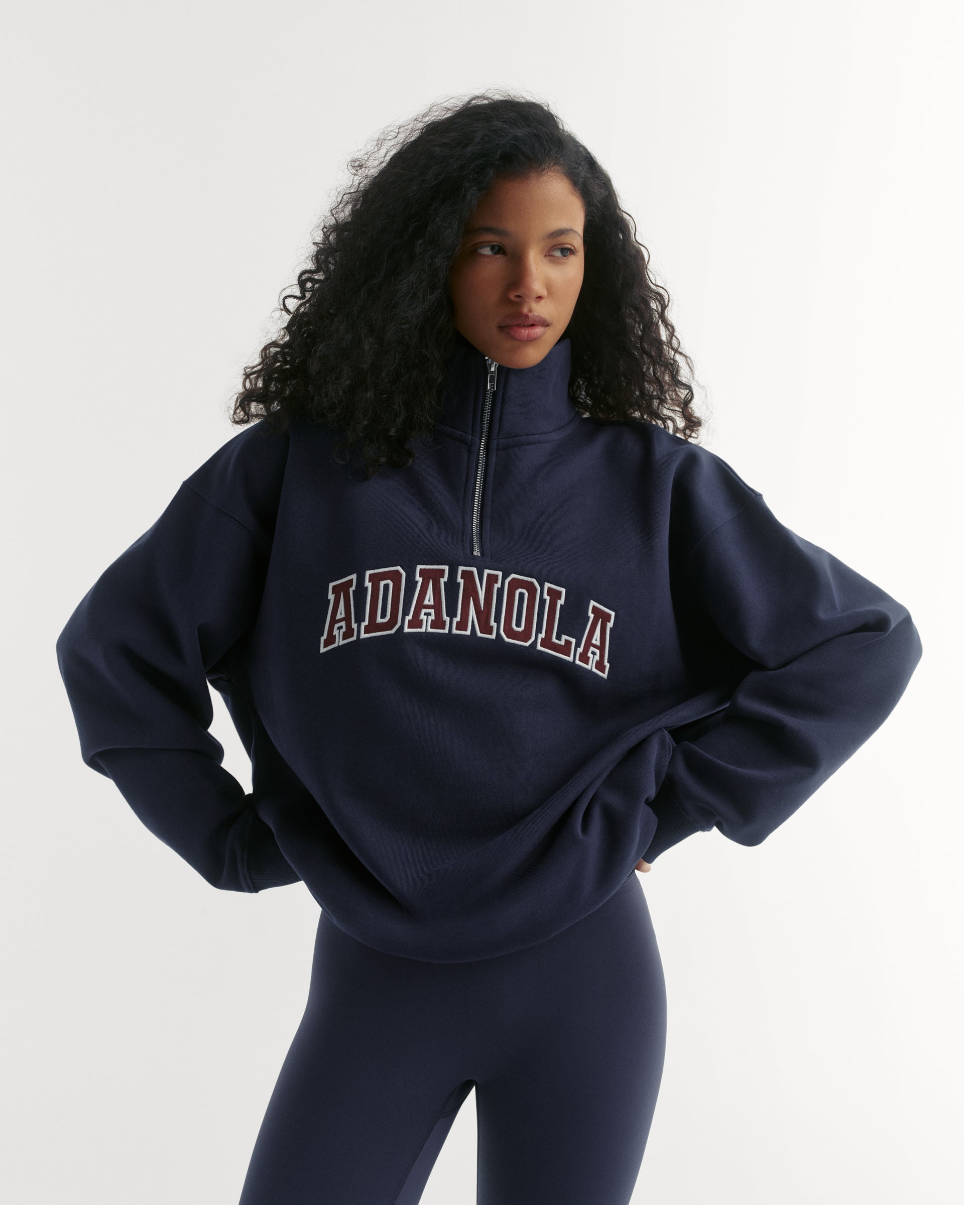 Varsity Relaxed Funnel Neck Zip Sweatshirt - Navy Blue/Mulberry