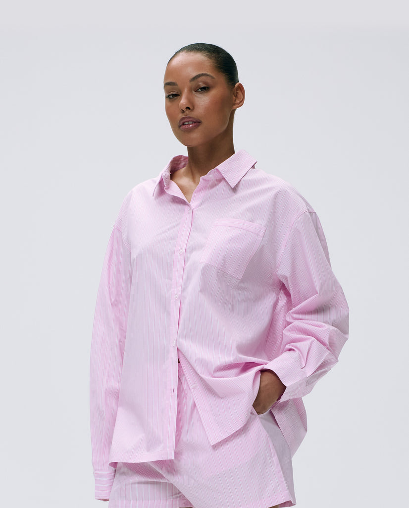 値下げ 18ss comoli ピンクストライプ バンドカラーシャツ COMOLI