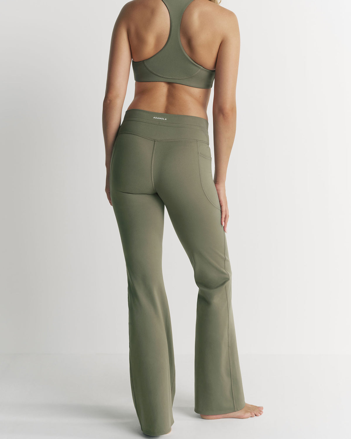 Tie Waist Flared Yoga Pants - Olive Green