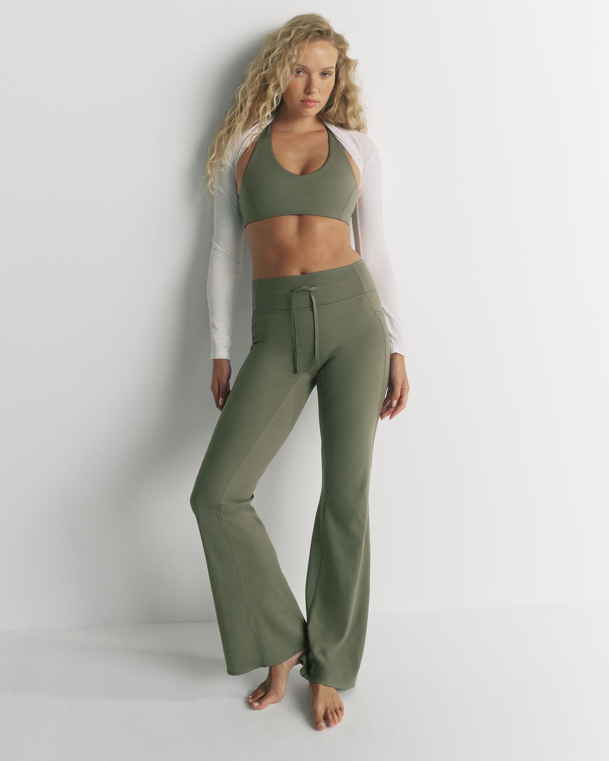 Tie Waist Flared Yoga Pants - Olive Green