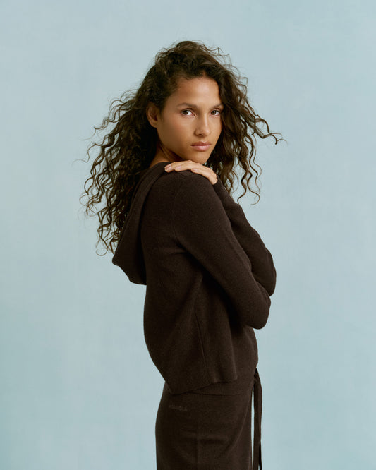 Knit Zip Up Hoodie - Coffee Bean