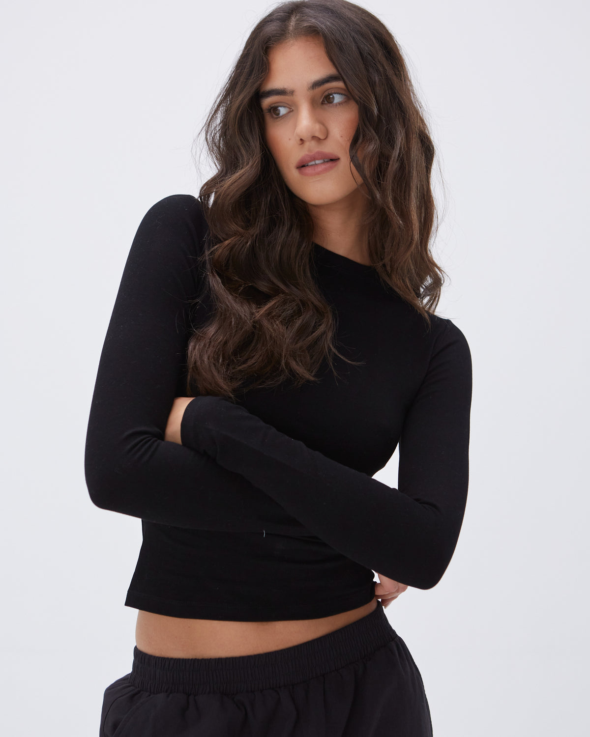Women's Black Fitted Long Sleeve Top | Adanola
