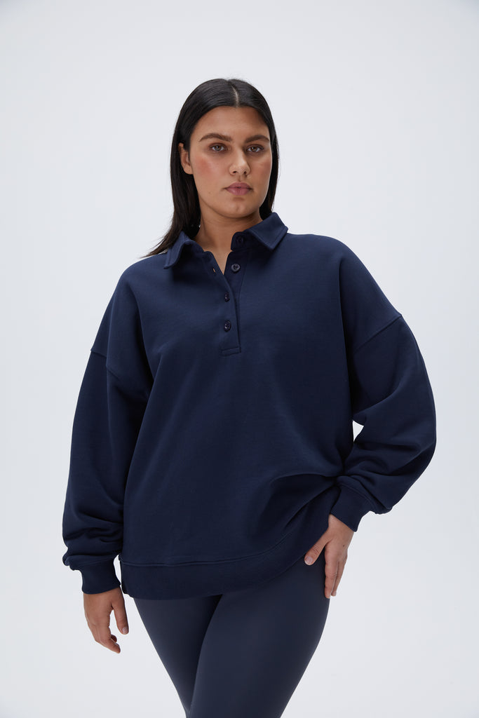 Oversized Button Up Sweatshirt - Navy Blue