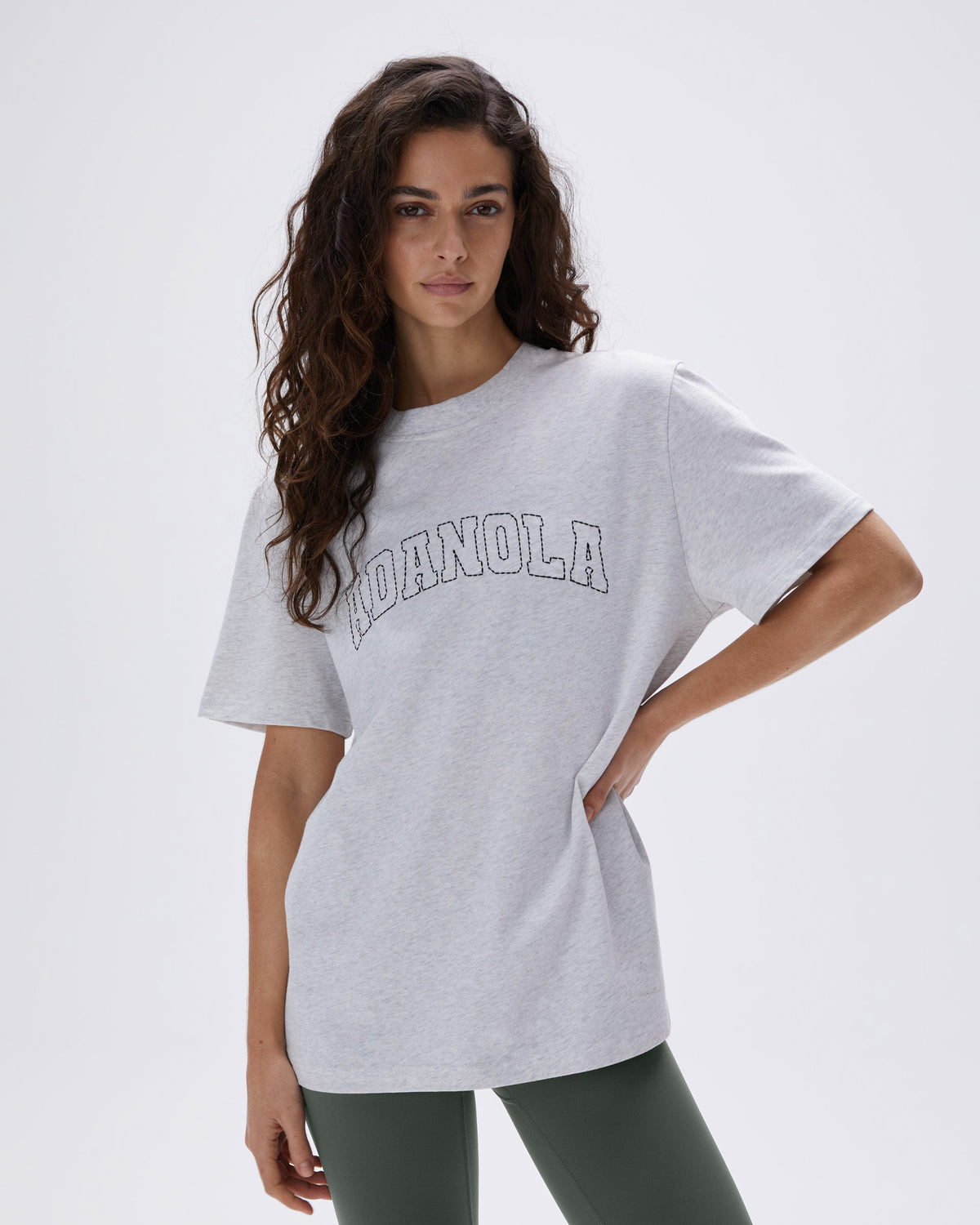 Varsity Stitch Short Sleeve Oversized T shirt Light Grey Melange Black