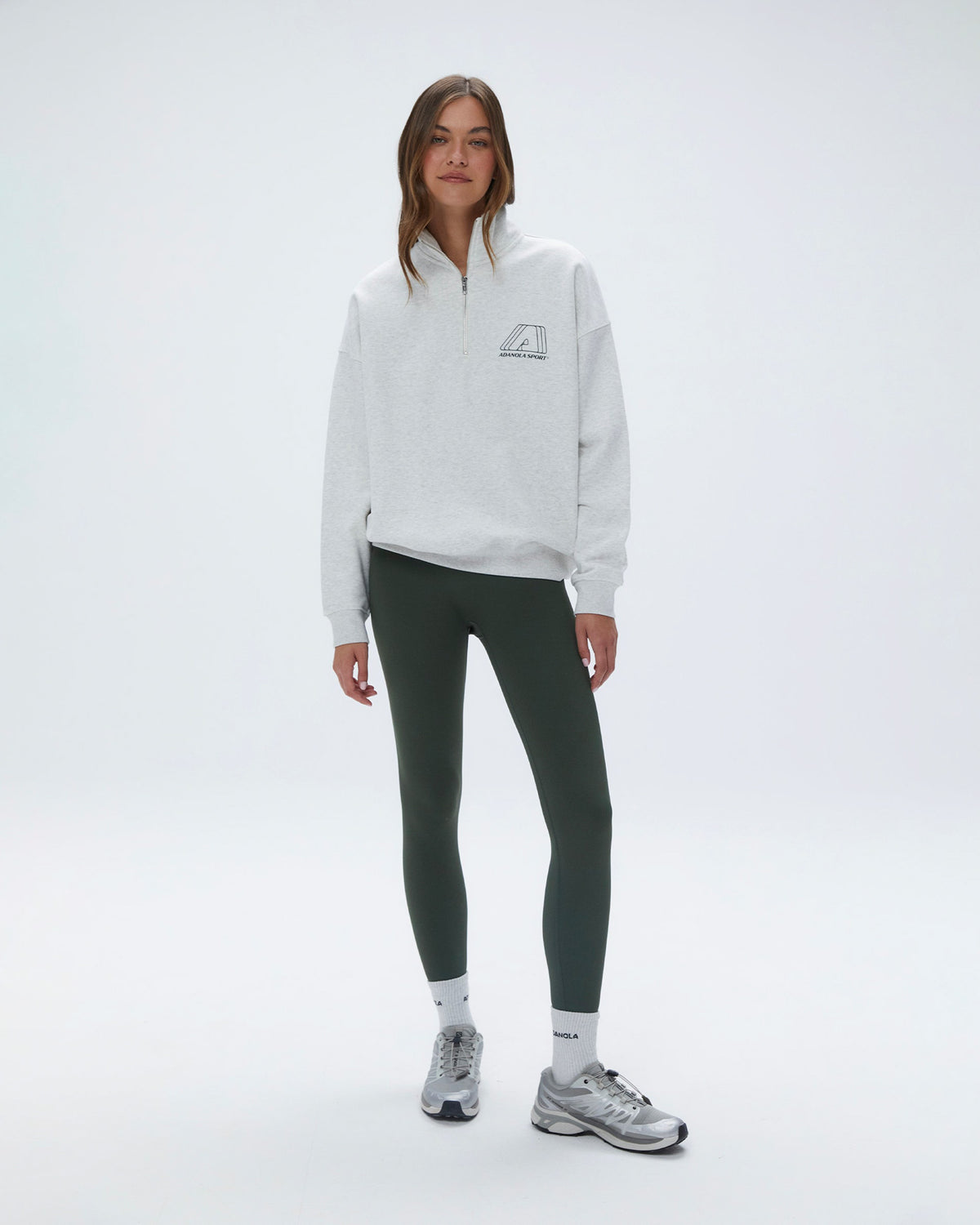 "A" Oversized Funnel Neck Zip Sweatshirt Light Grey Melange Dark Olive