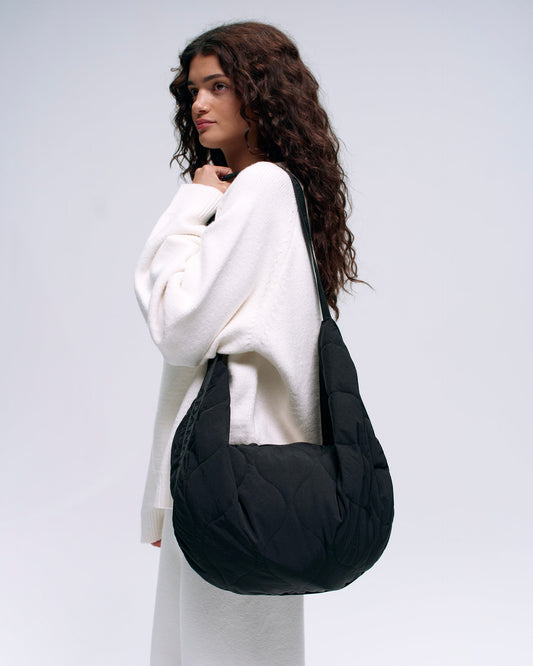 Quilted Branded Slouchy Bag Black1