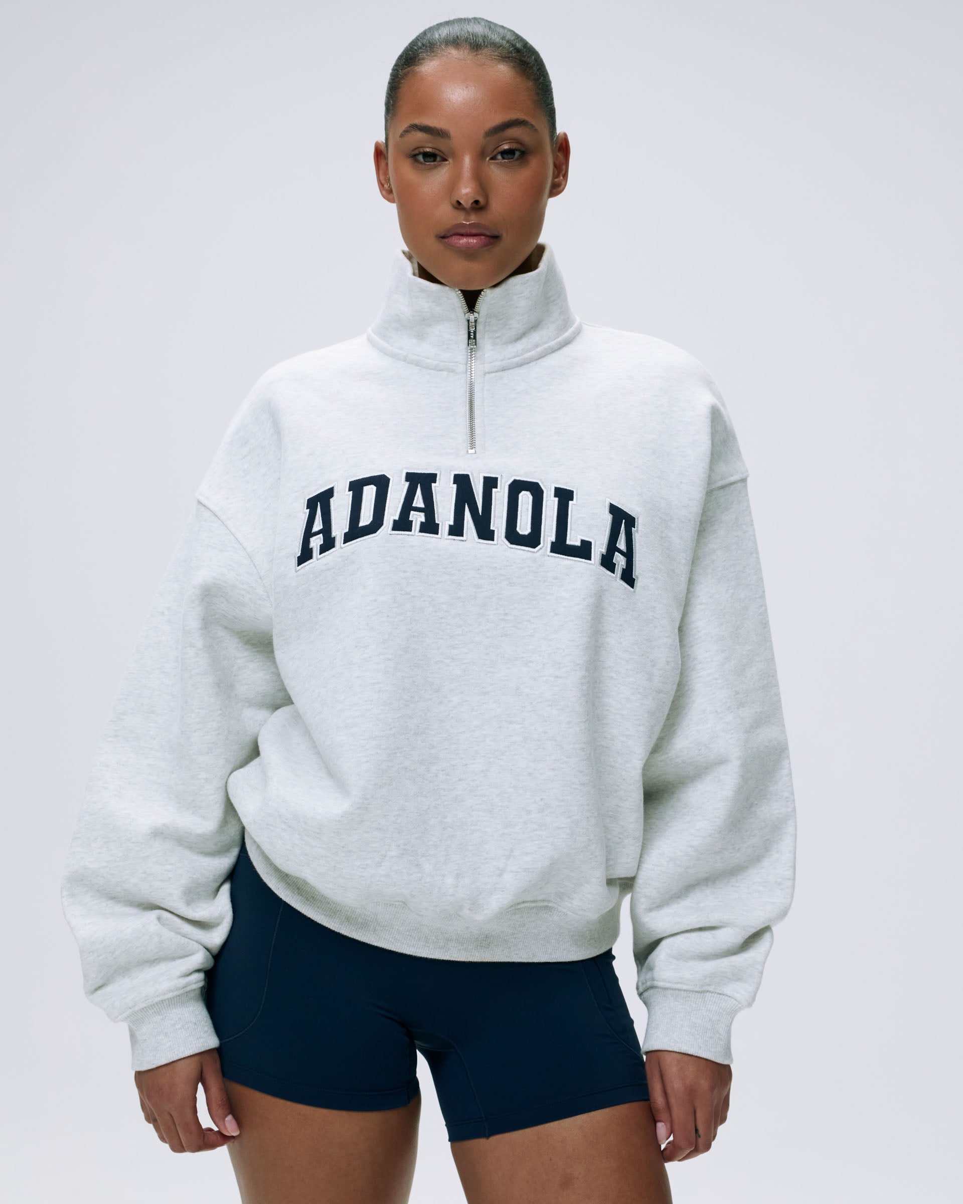 Varsity Relaxed Funnel Neck Zip Sweatshirt - Light Grey Melange/Navy B
