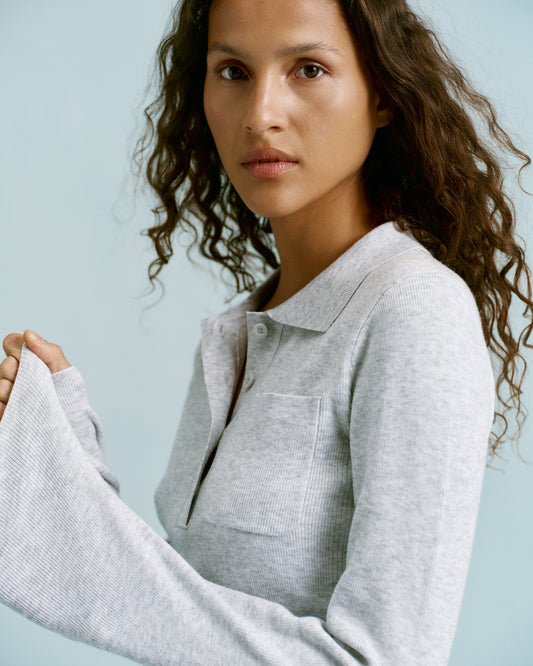 Knit Long Sleeve Button Up Top - Light Grey Melange