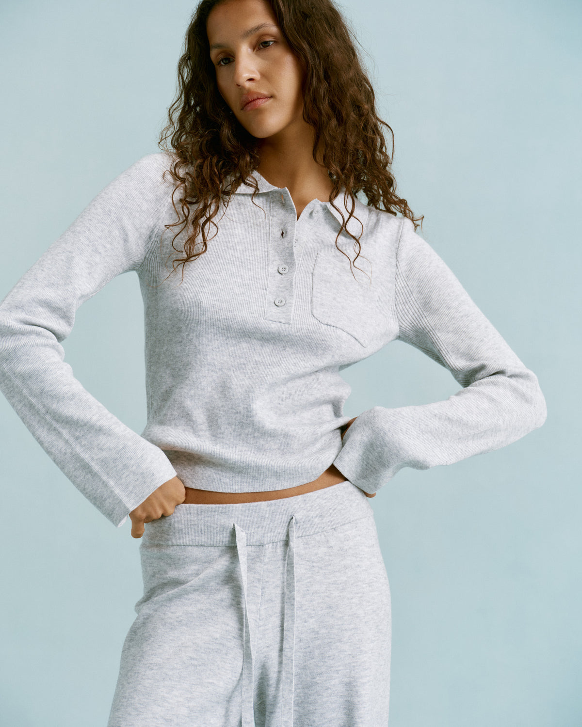Knit Long Sleeve Button Up Top Light Grey Melange