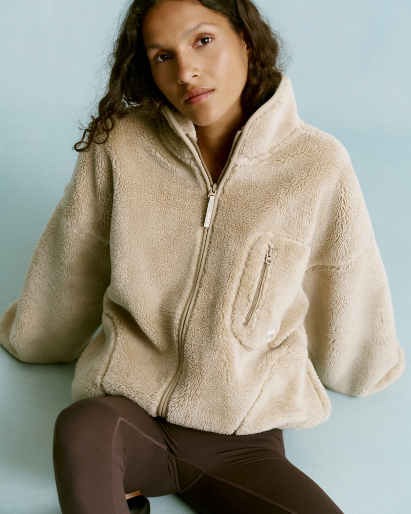 Oversized Pocket Zip Through Fleece - Sand