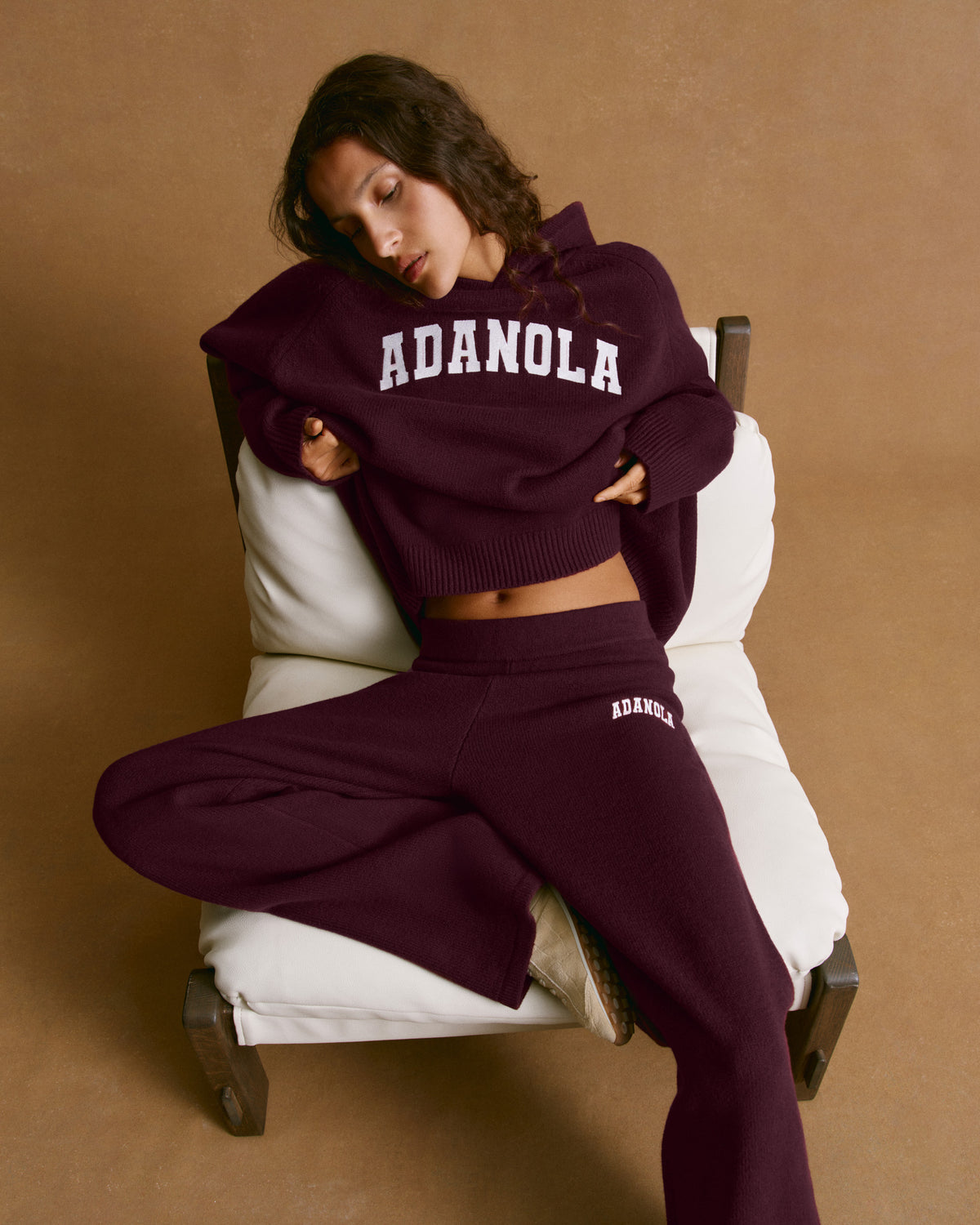Varsity Oversized Knit Hoodie Dark Cherry Marshmallow