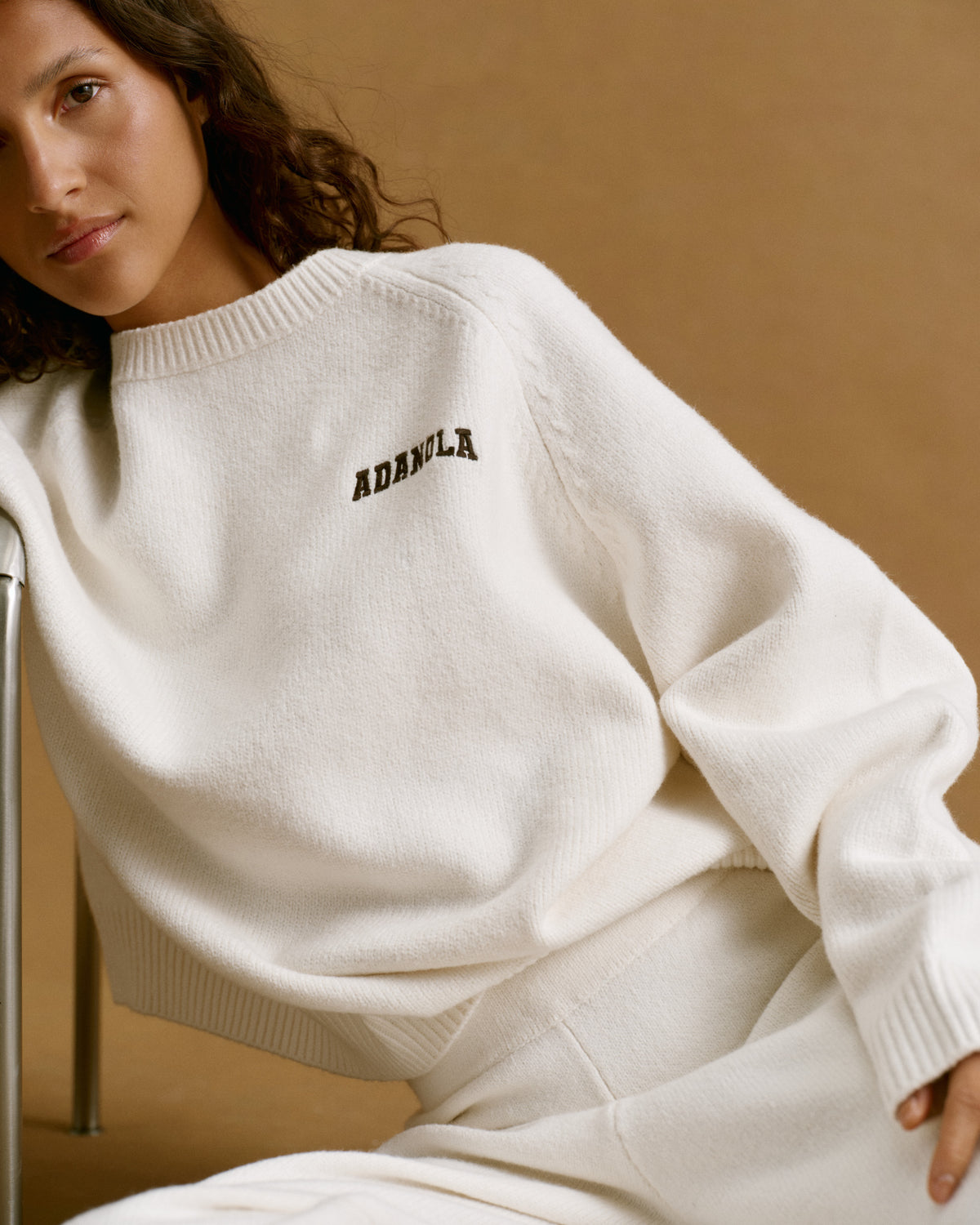 Chest Varsity Oversized Knit Sweatshirt Cream Coffee Bean