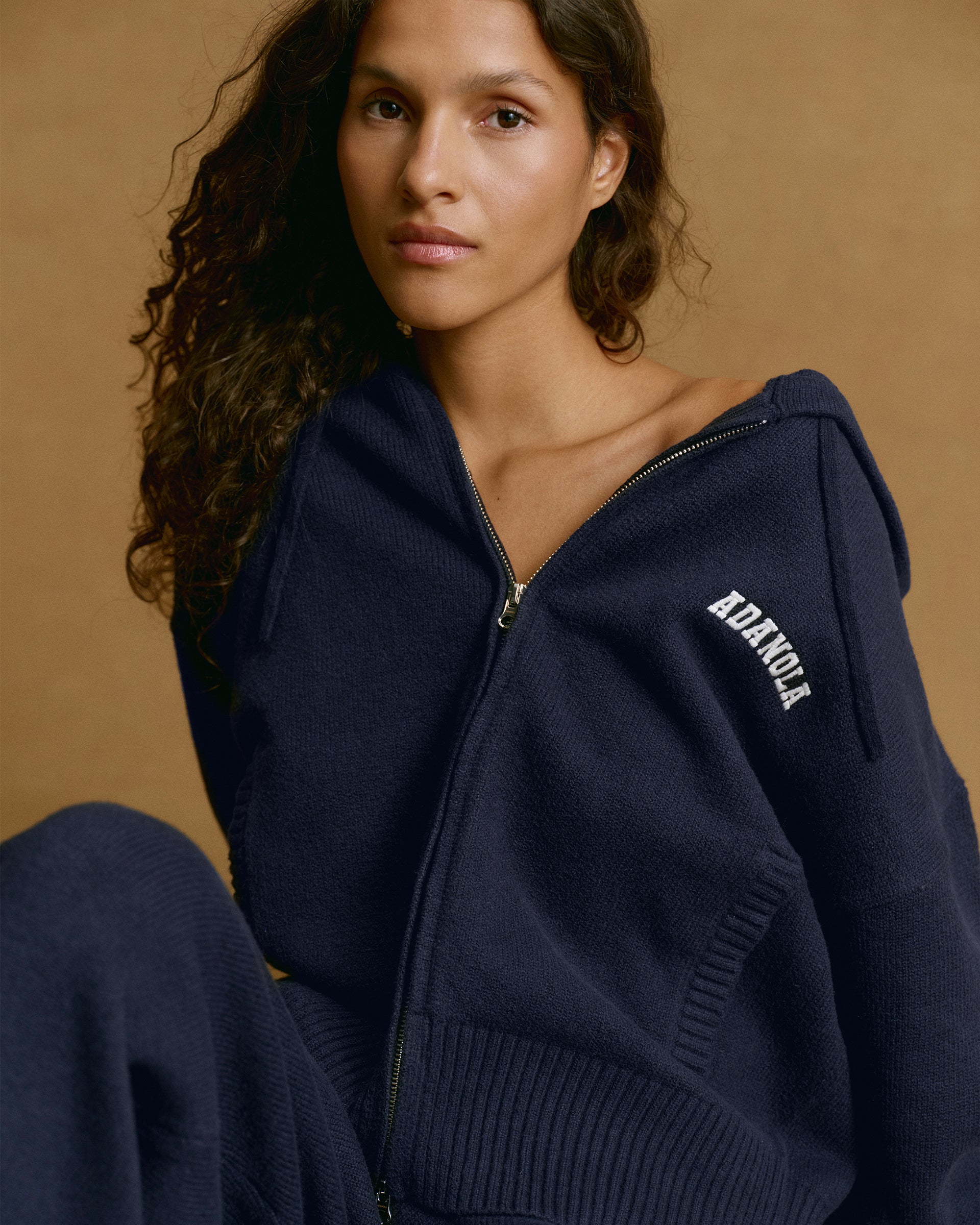 Varsity Knit Hooded Bomber Jacket - Navy Blue/Marshmallow White