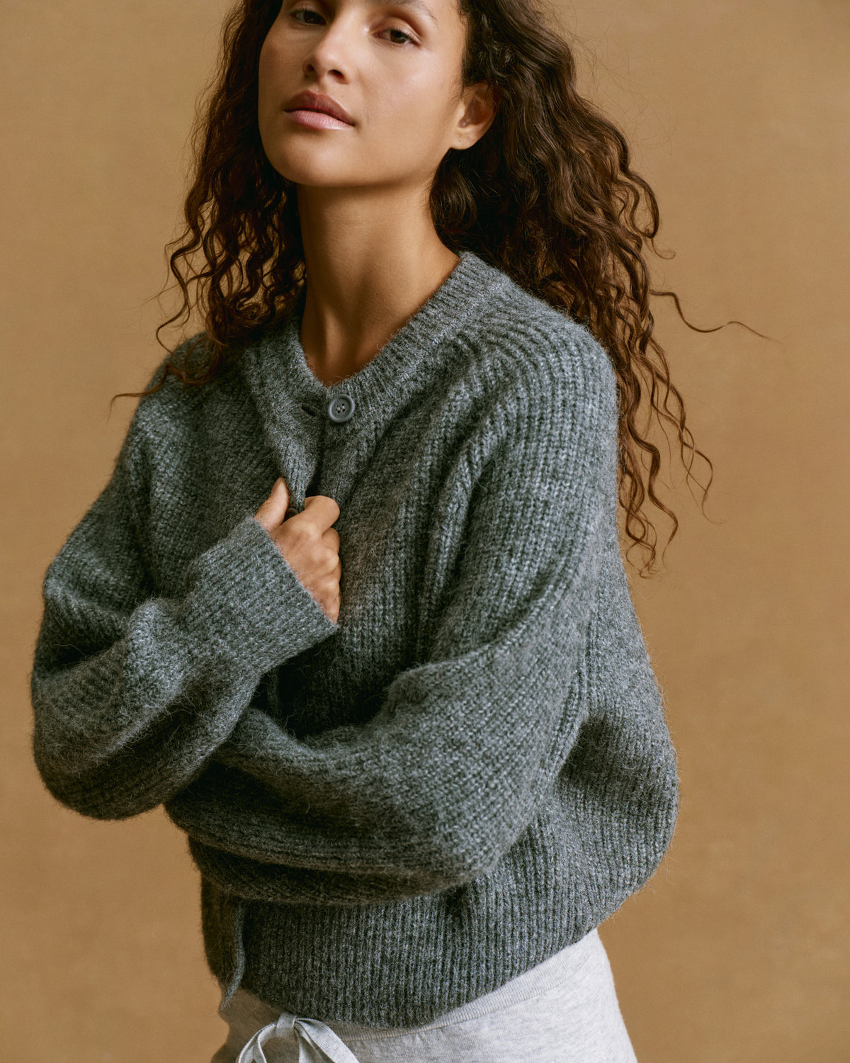 Knit Button Up Cardigan Dark Grey Melange