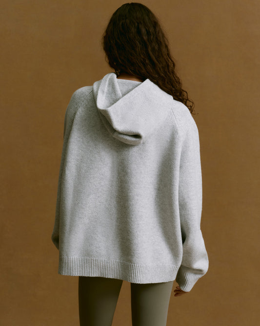 Varsity Boucle Oversized Knit Hoodie - Light Grey Melange/Marshmallow White
