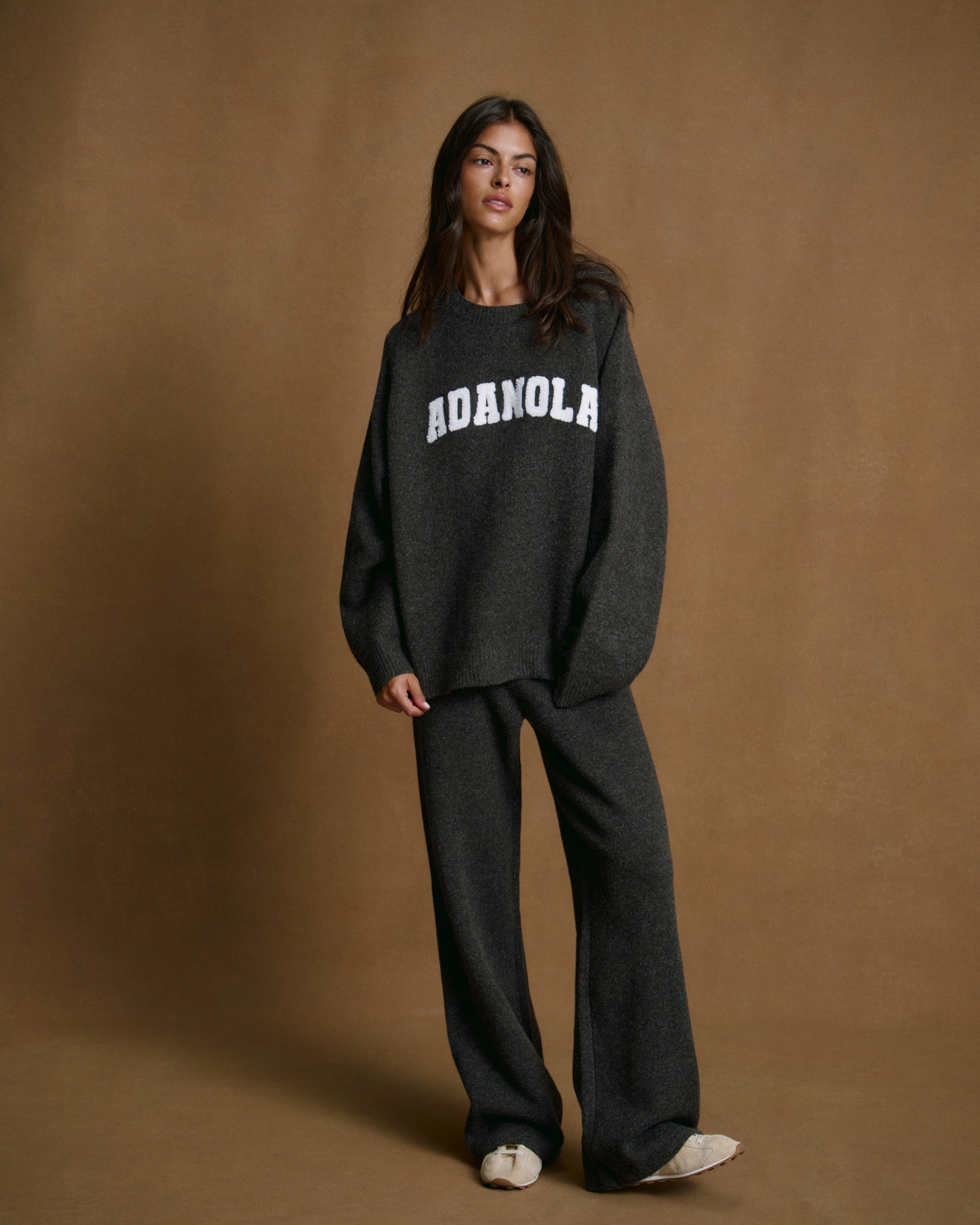 Varsity Boucle Oversized Knit Sweatshirt - Charcoal Grey/Marshmallow White