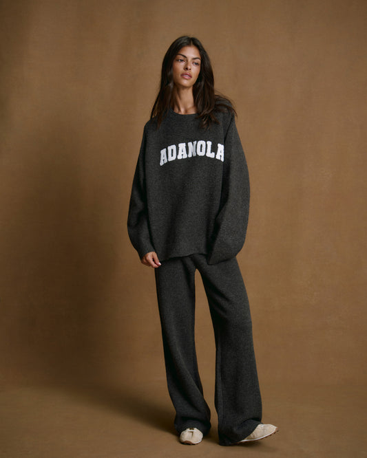 Varsity Knit Straight Leg Sweatpants - Charcoal Grey/Marshmallow White