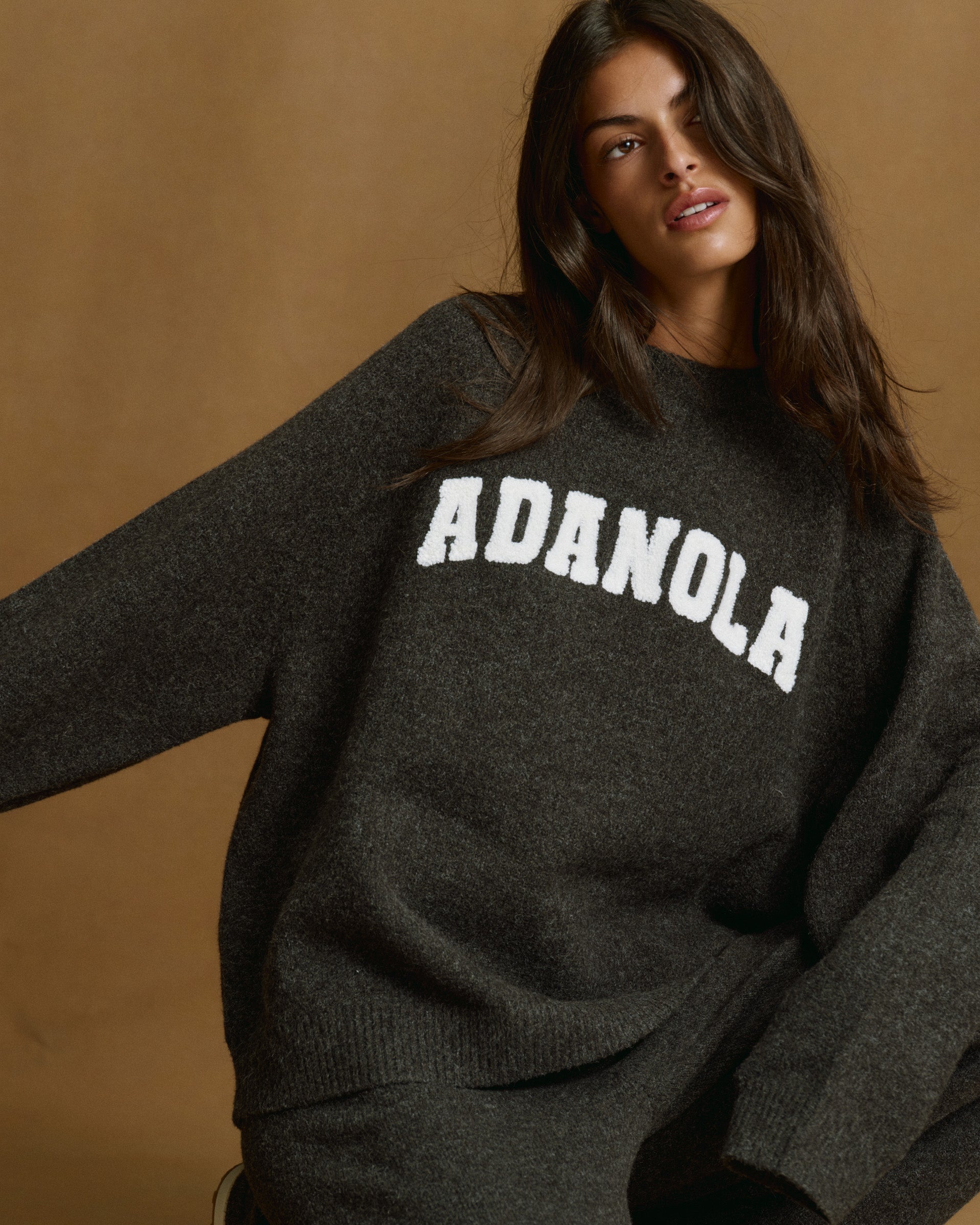 Varsity Boucle Oversized Knit Sweatshirt - Charcoal Grey/Marshmallow White