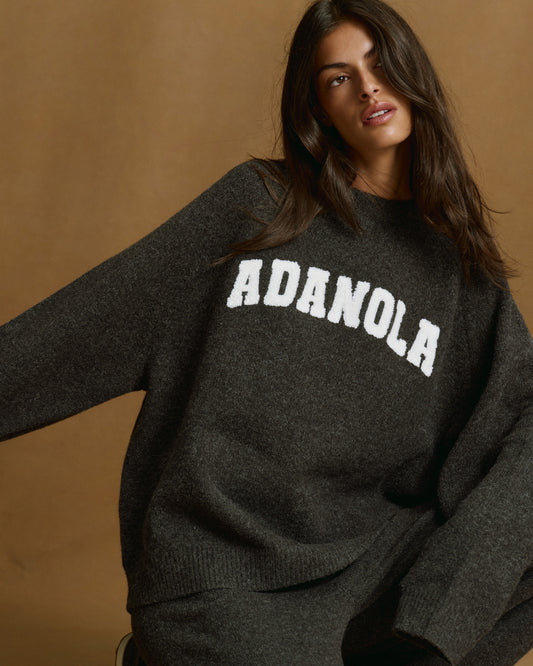 Varsity Boucle Oversized Knit Sweatshirt - Charcoal Grey/Marshmallow White