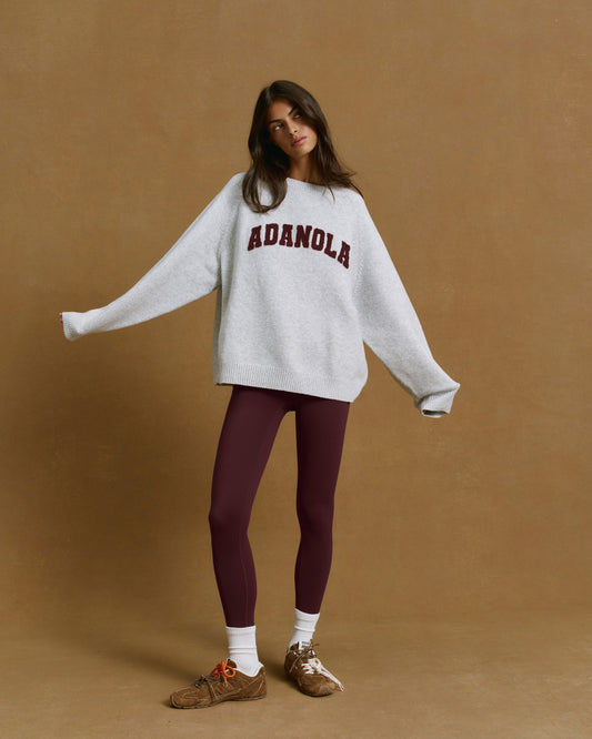 Varsity Boucle Oversized Knit Sweatshirt - Light Grey Melange/Burgundy