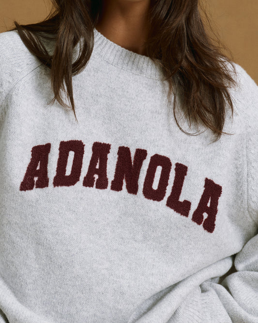 Varsity Boucle Oversized Knit Sweatshirt - Light Grey Melange/Burgundy