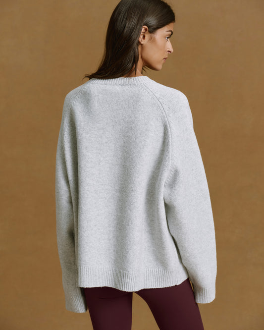 Varsity Boucle Oversized Knit Sweatshirt - Light Grey Melange/Burgundy
