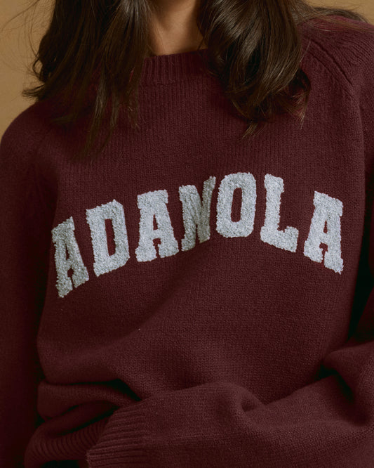 Varsity Boucle Oversized Knit Sweatshirt - Burgundy/Light Grey Melange