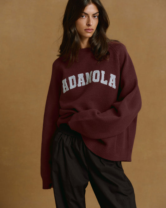 Varsity Boucle Oversized Knit Sweatshirt - Burgundy/Light Grey Melange