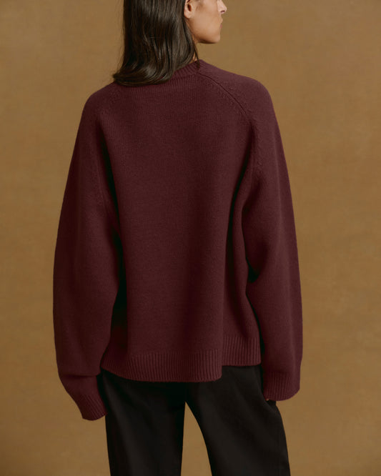 Varsity Boucle Oversized Knit Sweatshirt - Burgundy/Light Grey Melange