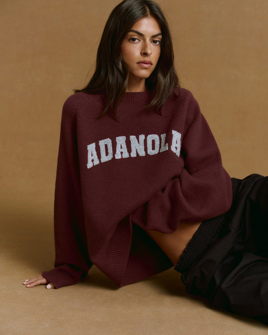 Varsity Boucle Oversized Knit Sweatshirt - Burgundy/Light Grey Melange
