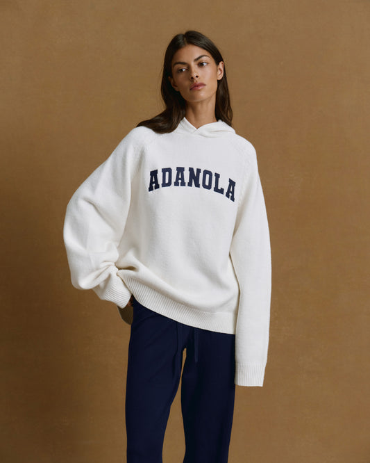 Varsity Oversized Knit Hoodie - Cream/Navy Blue