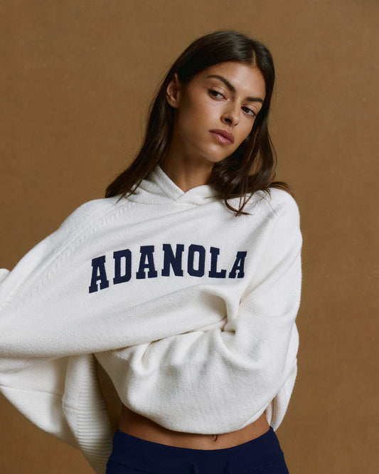 Varsity Oversized Knit Hoodie - Cream/Navy Blue