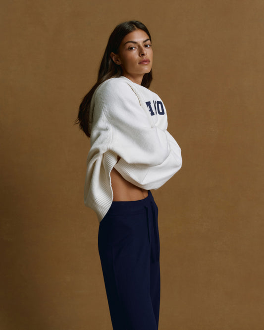 Varsity Oversized Knit Hoodie - Cream/Navy Blue