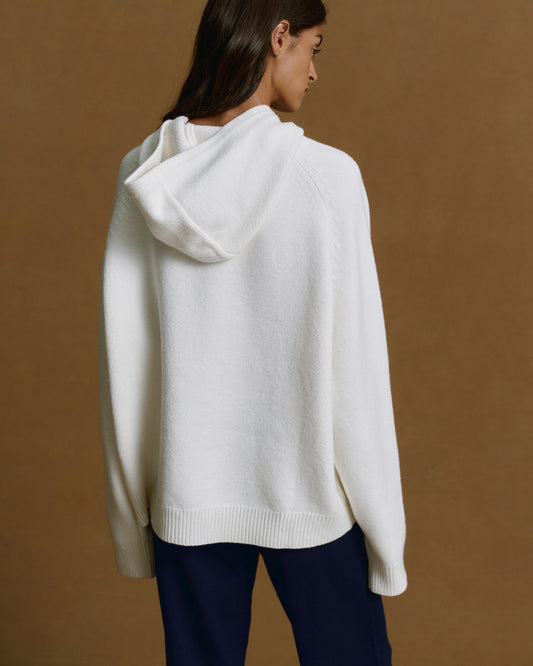 Varsity Oversized Knit Hoodie - Cream/Navy Blue