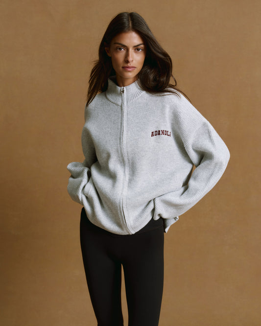 Ribbed Zip Through Knit Sweatshirt - Light Grey Melange/Burgundy