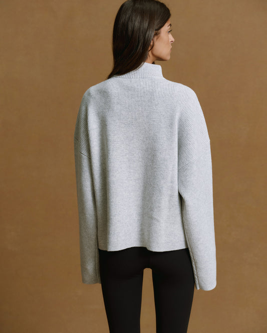 Ribbed Zip Through Knit Sweatshirt - Light Grey Melange/Burgundy