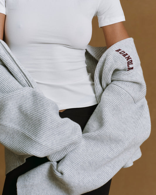 Ribbed Zip Through Knit Sweatshirt - Light Grey Melange/Burgundy
